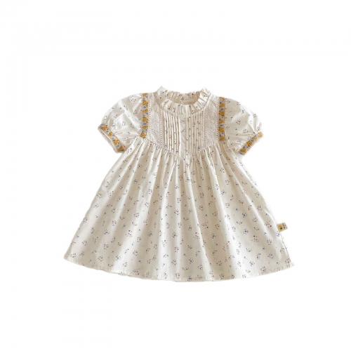 2025 Summer Infant Baby Kids Girls Short Sleeves Floral Pattern Ruffle Neck Dress Wholesale