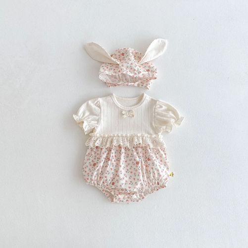 2025 Summer Infant Baby Girls Flowers and Heart Pattern Short Sleeves Onesies Bodysuits with Hat Wholesale