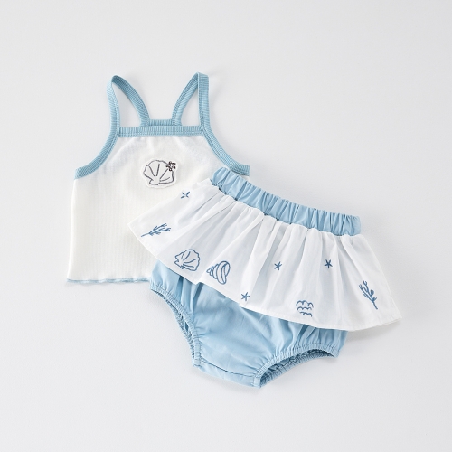 2025 Summer Infant Baby Girls Color Patchwork Shells Pattern Sleeveless Top With Bloomers Sets Wholesale