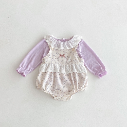 2025 Autumn Infant Baby Girls Purple Long Sleeves Knitted Top and Sleeveless Floral and Rabbits Pattern Overalls Onesies Sets Wholesale
