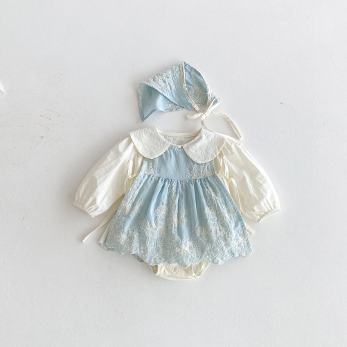 2025 Autumn Infant Baby Girls Beige Long Sleeves Onesies, Flowers Embroidered Sleeveless Vest With Hat Sets Wholesale