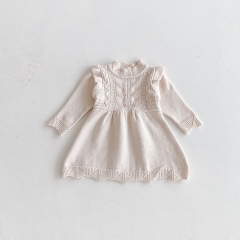 New Arrival Autumn Infant Baby Kids Girls Stylish Jacquard and Hollow-out Pattern Princess Long Sleeves Knitted Dress Wholesale