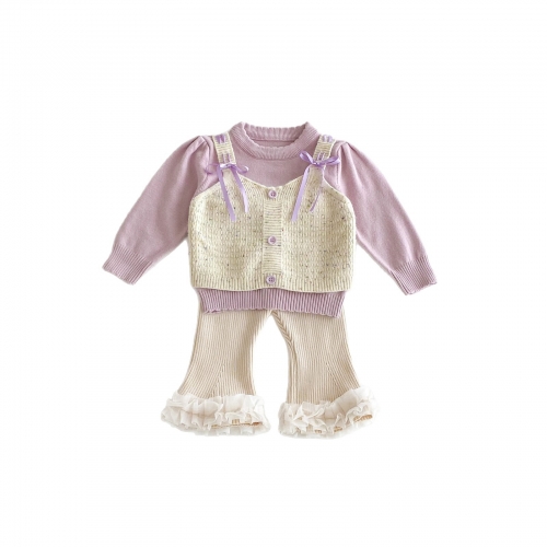 2025 Autumn and Winter Infant Baby Girls Butterfly-bows Decorated Color Patchwork Long Sleeves Sweater With Pants Sets Wholesale