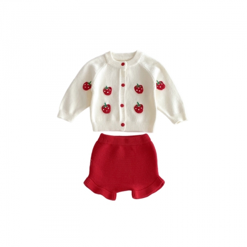 2025 Autumn Infant Baby Girls Strawberry Pattern Long Sleeves Cardigan With Bloomers Sets Wholesale