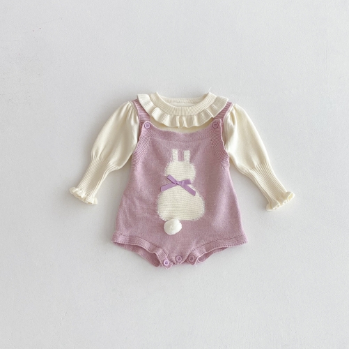 2025 Autumn Infant Baby Girls Long Sleeves Solid Color Knitted Top with Cute Rabbit Pattern Sleeveless Onesies Overalls Sets Wholesale