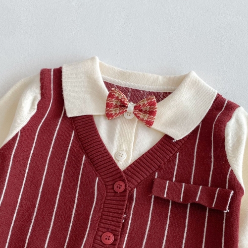 2025 Autumn and Spring Infant Baby Boys Butterfly-bow Decorated Color Patchwork Long Sleeves Striped Sweater With Pants Suit Sets Wholesale