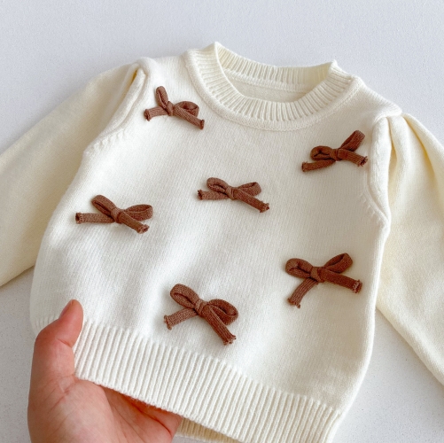 2025 Autumn Infant Baby Girls Butterfly-bows Decorated Long Sleeves Top Sweater, Brown Handbag With Pants Knitted Sets Wholesale