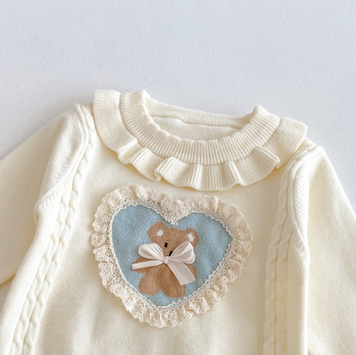 2025 Autumn Infant Baby Girls Teddy Bear and Heart Pattern Long Sleeves Sweater With Beige Pants Sets Wholesale