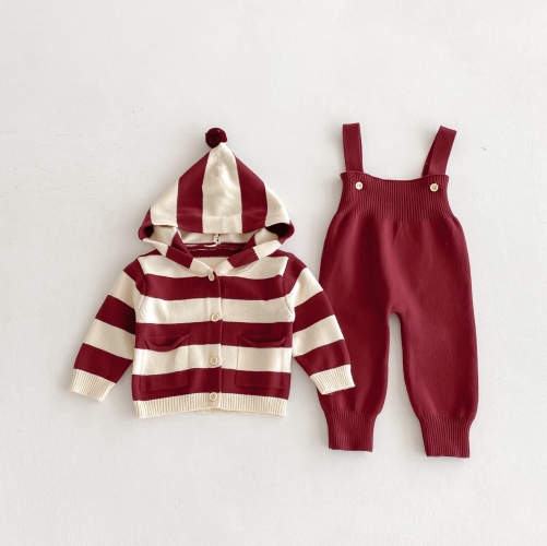 2025 Autumn Infant Baby Unisex Long Sleeves Striped Knitted Top Hoodie with Solid Color Sleeveless Overalls Sets Wholesale