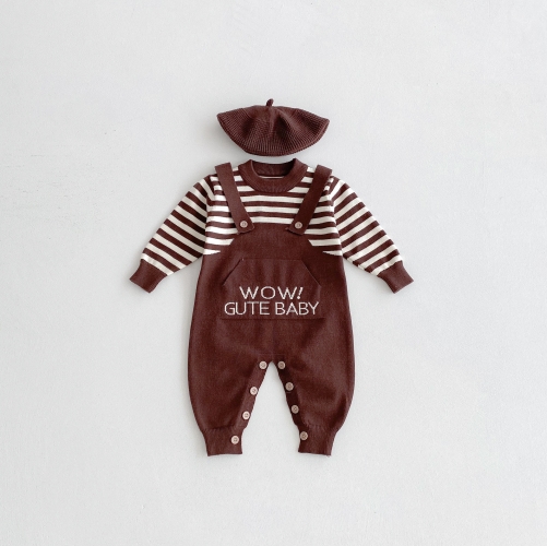 Autumn and Winter Infant Baby Unisex Striped and Letters Embroidered Pattern Long Sleeve One Piece Knitted Rompers with Hat Wholesale