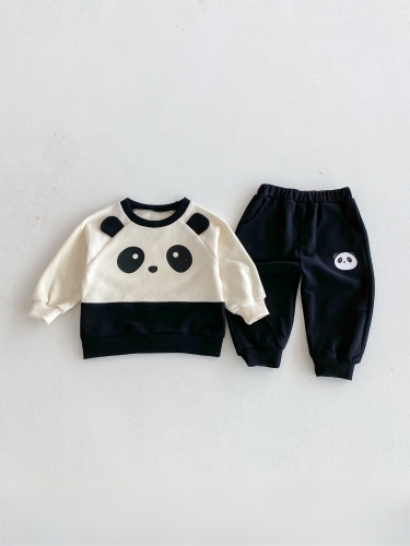 2025 Autumn Infant Baby Girls Panda Cartoon Pattern Long Sleeves Pullover With Pants Sets Wholesale