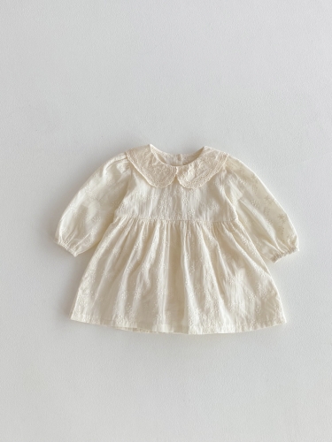 Autumn Infant Baby Girls Flowers Embroidery Pattern Long Sleeves One Piece Solid Color Beige Onesies Dress Wholesale