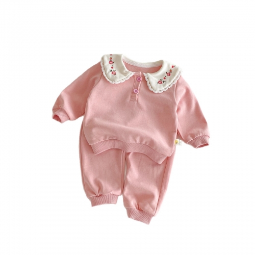 Autumn Arrival Baby Girls Flowers Embroidered Pattern Long Sleeves Top with Collar