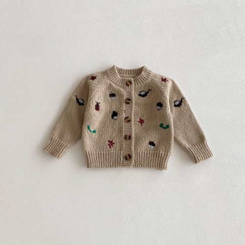 New Arrival Autumn and Spring Infant Baby Girls Colorful Embroidered Pattern Long Sleeves Single Breasted Knitted Cardigan Wholesale