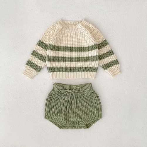 2025 Autumn and Spring Infant Baby Unisex Striped Pattern Color Patchwork Long Sleeves Cardigan With Plain Bloomers Sets Wholesale