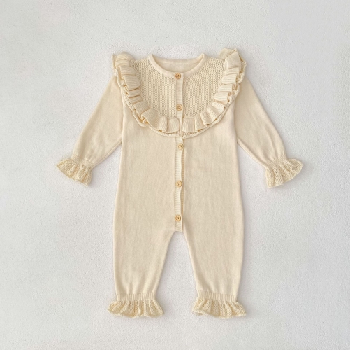 Autumn Infant Baby Girls Plain Single Breasted Long Sleeve One Piece Patchwork Design Knitted Romper Wholesale