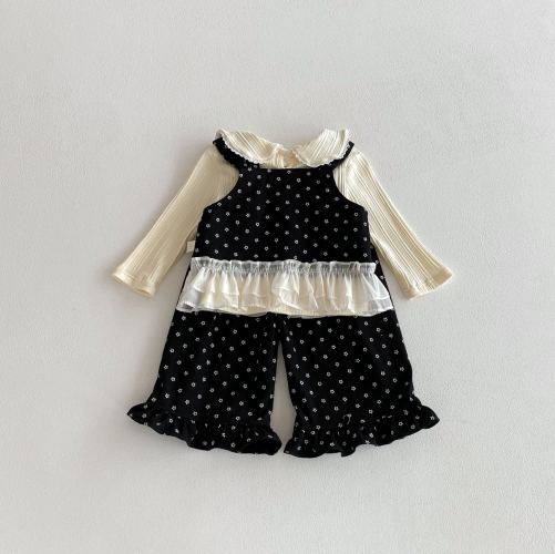2025 Autumn Infant Baby Girls Striped Long Sleeves Top, Lace Decorated Sleeveless Vest with Floral Pants Sets Wholesale