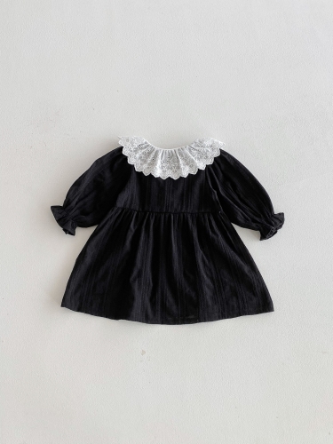 Autumn Infant Baby Girls Flowers Embroidery and Striped Pattern Long Sleeves Vintage One Piece Dress Wholesale