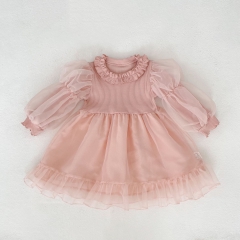 Autumn Infant Baby Girls Solid Color Tulle Patchwork Long Sleeves Pink Dress Wholesale