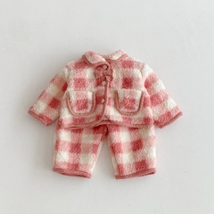 2025 Winter Infant Baby Kids Girls Plaid Pattern Long Sleeves Coat With Pants Fluffy Sets Wholesale