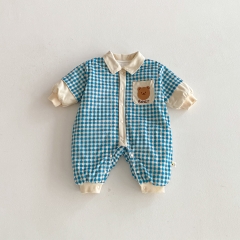 Winter Infant Baby Unisex Plaid and Cartoon Pattern Thick Fleece-lined Long Sleeves One Piece Rompers Wholesale