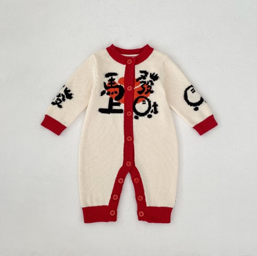 Autumn and Winter Infant Baby Unisex Color Patchwork Long Sleeve One Piece Knitted Romper Wholesale
