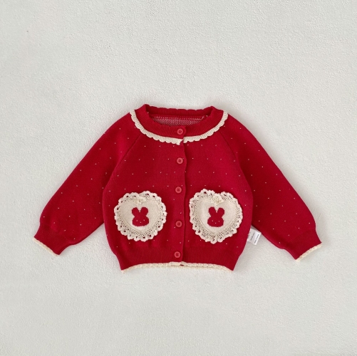 New Arrival Autumn and Winter Infant Baby Girls Dots and Rabbits Pattern Long Sleeves Single Breasted Knitted Cardigan Wholesale