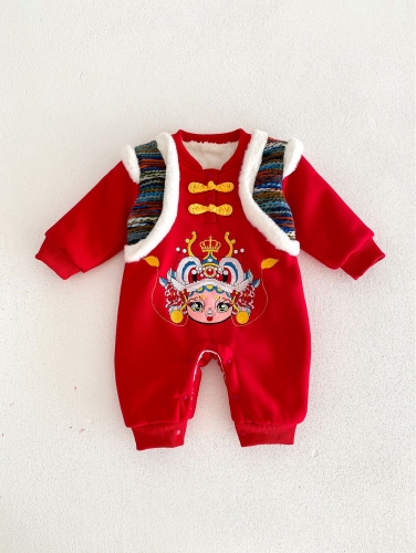 Autumn and Winter Infant Baby Unisex Color Patchwork Long Sleeve One Piece Fleece-lined Cartoon Romper Wholesale