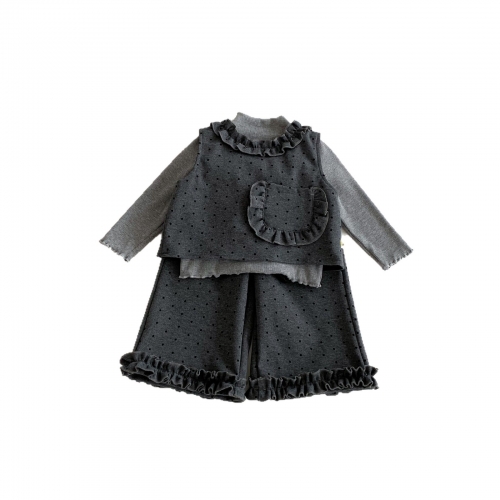 2026 Spring Infant Baby Girls Solid Color Long Sleeves Grey Top, Dots Pattern Sleeveless Vest with Pants Sets Wholesale