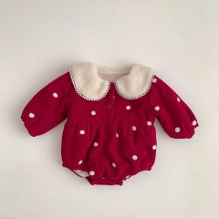 Winter Infant Baby Girls Polka Dots Pattern Long Sleeves Fleece-Lined One Piece Onesies Wholesale