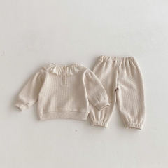 2026 Spring and Autumn Infant Baby Girls Long Sleeves Solid Color Lace Trim Pullover with Pants Sets Wholesale