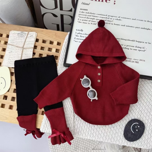 2026 Spring and Autumn Infant Baby Girls Long Sleeves Plain Hoodies with Color Patchwork Pants Knitted Sets Wholesale