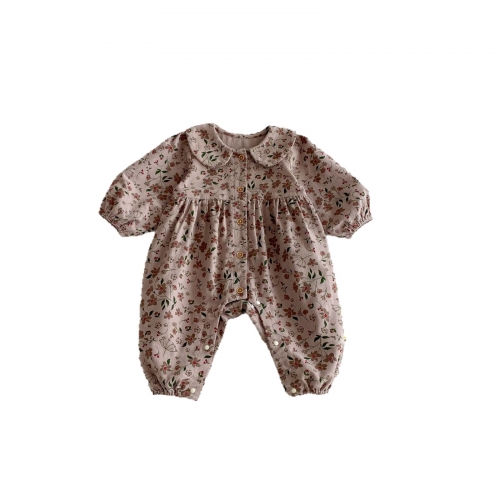 Autumn and Spring Infant Baby Girls Floral Pattern Long Sleeve One Piece Single Breasted Romper Wholesale