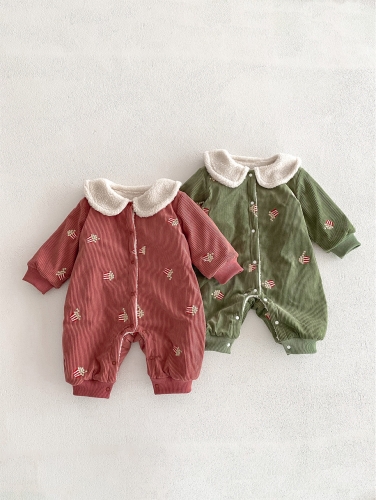 Autumn and Winter Infant Baby Unisex Corduroy Long Sleeve One Piece Fleece-lined Embroidered Romper Wholesale
