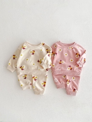 2025 Spring and Autumn Infant Baby Girls Long Sleeves Cartoon and Floral Pattern Pullover with Pants Sets Wholesale
