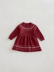 Spring and Autumn Infant Baby Girls Knitted Geometric Jacquard Pattern Long Sleeves One Piece Dress Wholesale