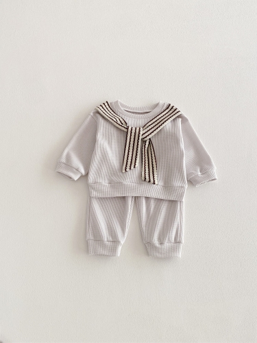 2026 Spring and Autumn Infant Baby Kids Unisex Long Sleeves Striped Pattern Pullover with Plain Pants Sets Wholesale