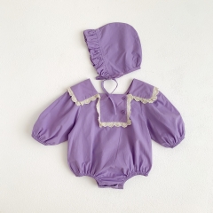 Spring and Autumn Infant Baby Girls Lace Trim Decorated Long Sleeves One Piece Onesies with Hat Wholesale