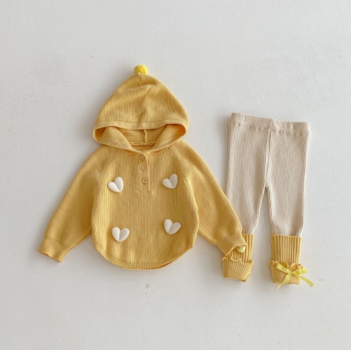 2026 Spring and Autumn Infant Baby Kids Girls Long Sleeves Hearts Pattern Hoodie with Color Patchwork Pants Sets Wholesale