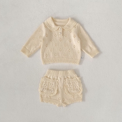 2026 Spring and Autumn Infant Baby Kids Girls Long Sleeves Solid Color Hollow-out Pattern Knitted Sweater with Bloomers Sets Wholesale