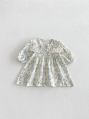 Spring and Autumn Infant Baby Girls Light Blue Floral Long Sleeves One Piece Dress Wholesale