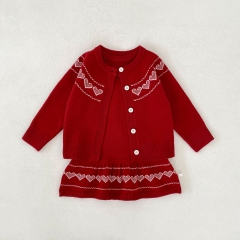 2026 Spring and Autumn Infant Baby Kids Girls Long Sleeves Hearts Pattern Knitted Cardigan with Sleeveless Dress Sets Wholesale