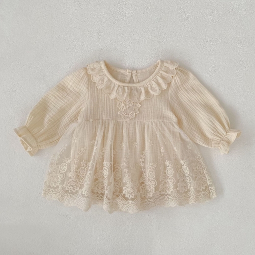 Spring and Autumn Infant Baby Girls Floral Pattern Long Sleeves One Piece Tulle Dress Wholesale