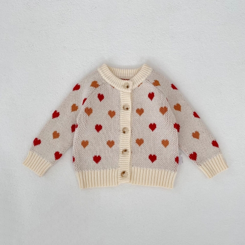 New Arrival Autumn and Spring Infant Baby Girls Hearts Pattern Long Sleeves Single Breasted Knitted Cardigan Wholesale