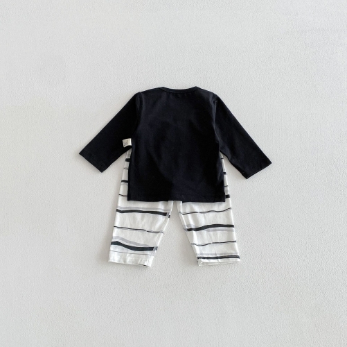 2026 Spring and Autumn Infant Baby Kids Unisex Long Sleeves Cartoon and Letters Pattern Top with Striped Pants Sets Wholesale