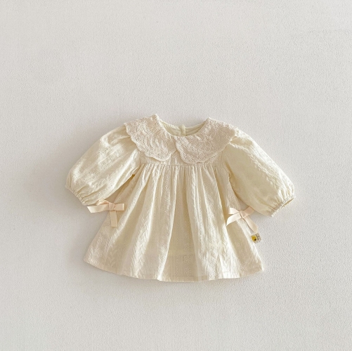 Spring and Autumn Infant Baby Girls Solid Color Long Sleeves One Piece Jacquard Pattern Dress Wholesale