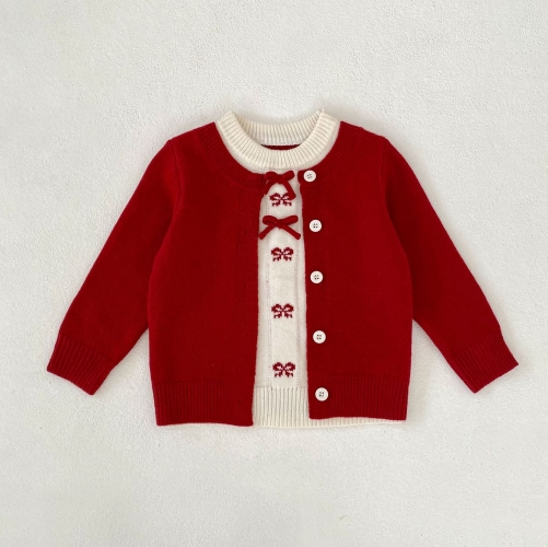 New Arrival Autumn and Spring Infant Baby Girls Butterfly-bows Pattern Long Sleeves Single Breasted Knitted Cardigan Wholesale
