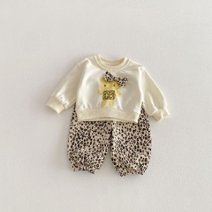 2026 Spring and Autumn Infant Baby Kids Girls Long Sleeves Cartoon Pattern Pullover with Leopard Pants Sets Wholesale