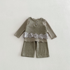 2026 Spring and Autumn Infant Baby Kids Girls Long Sleeves Solid Color Top, Vest with Pants Sets Wholesale