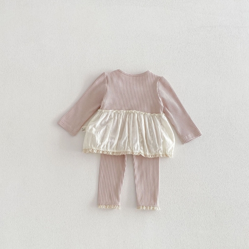 2026 Spring and Autumn Infant Baby Kids Girls Long Sleeves Color Patchwork Top with Pants Sets Wholesale